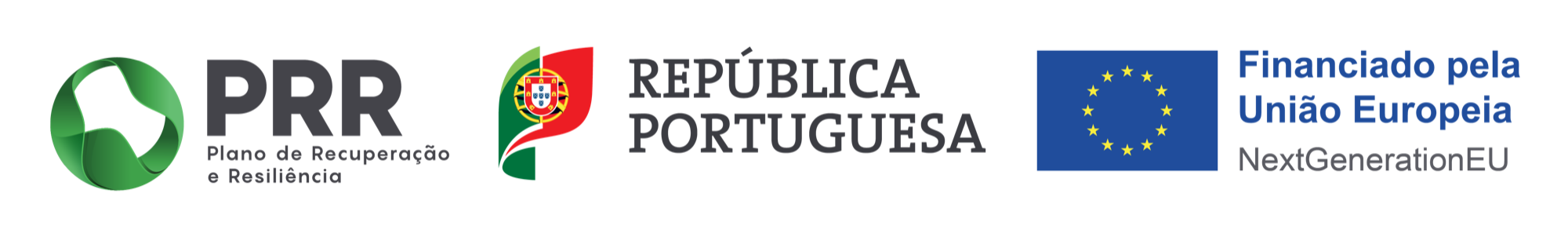 Logotipos PRR — Plano de Recuperação e Resiliência, República Portuguesa e Financiado pela União Europeia — NextGenerationEU